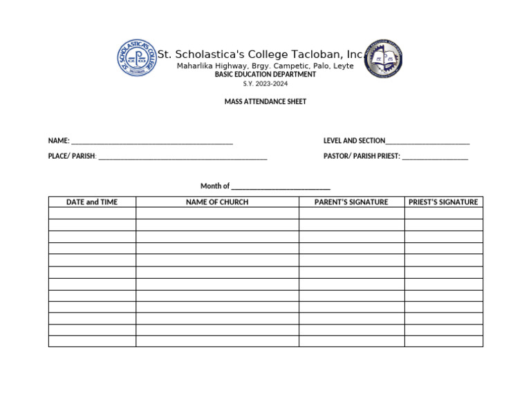 Mass Attendance Sheet 2023-2024 | PDF
