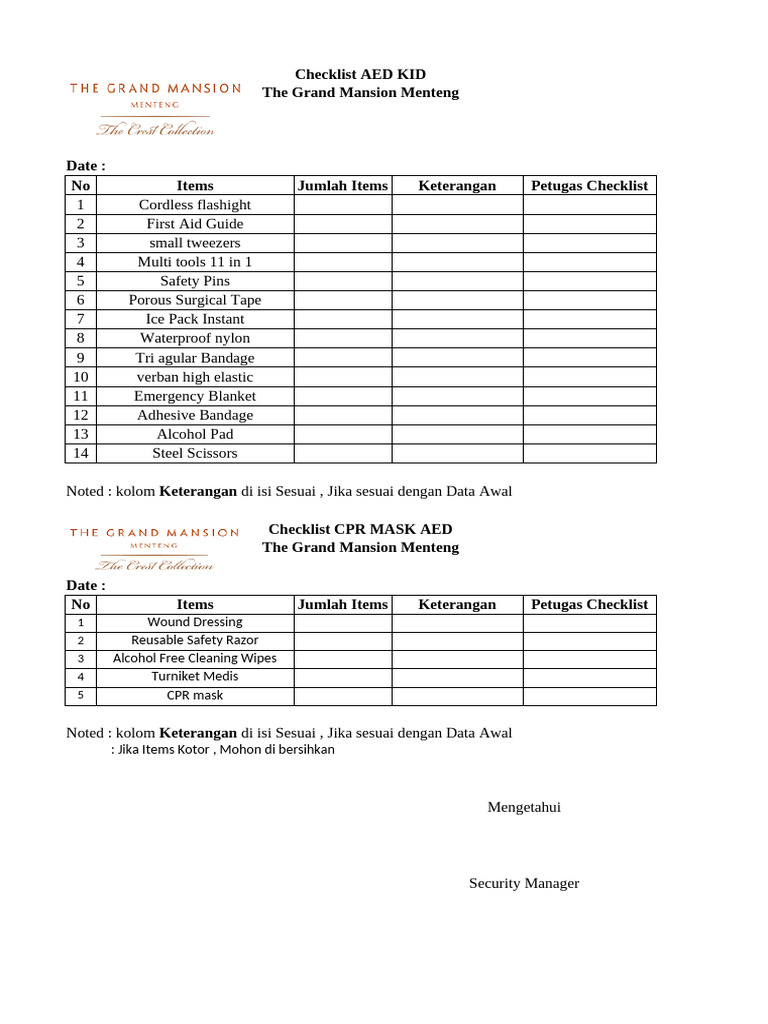 AED and CPR Equipment Checklist | PDF