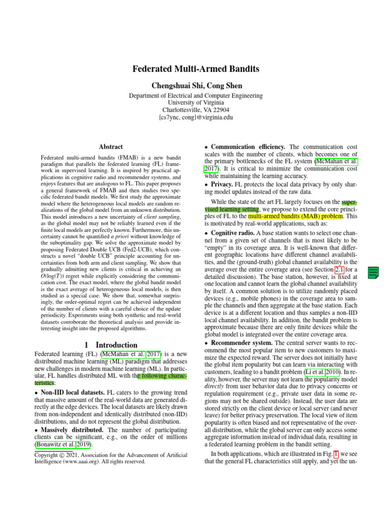 Federated Multi-Armed Bandits | PDF | Machine Learning