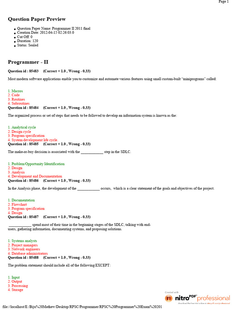 RPSC Programmer Exam 2011 Paper II Question Paper | PDF | Computing ...
