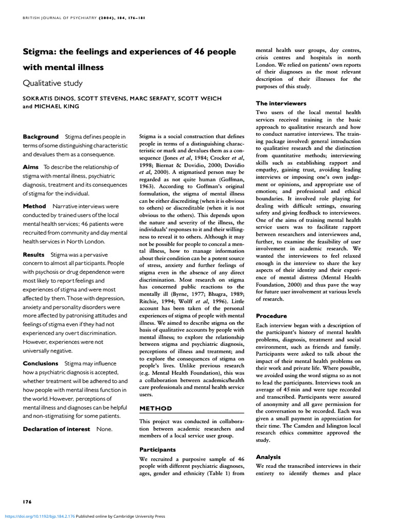 Stigma The Feelings and Experiences of 46 People With Mental Illness ...