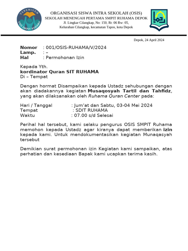 Permohonan Izin Kegiatan OSIS SMPIT Ruhama | PDF