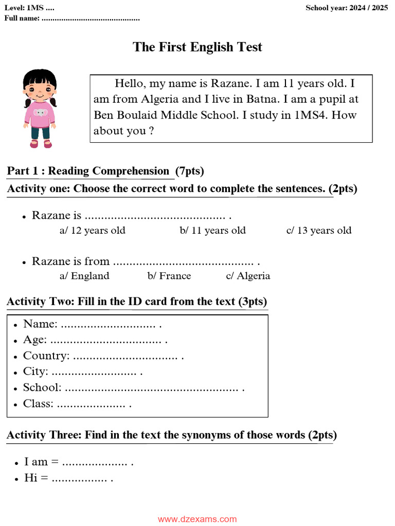 First English Test for 1MS Students | PDF | Typography | Written ...