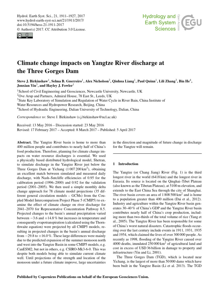 Climate change impacts on Yangtze River discharge at the Three Gorges ...