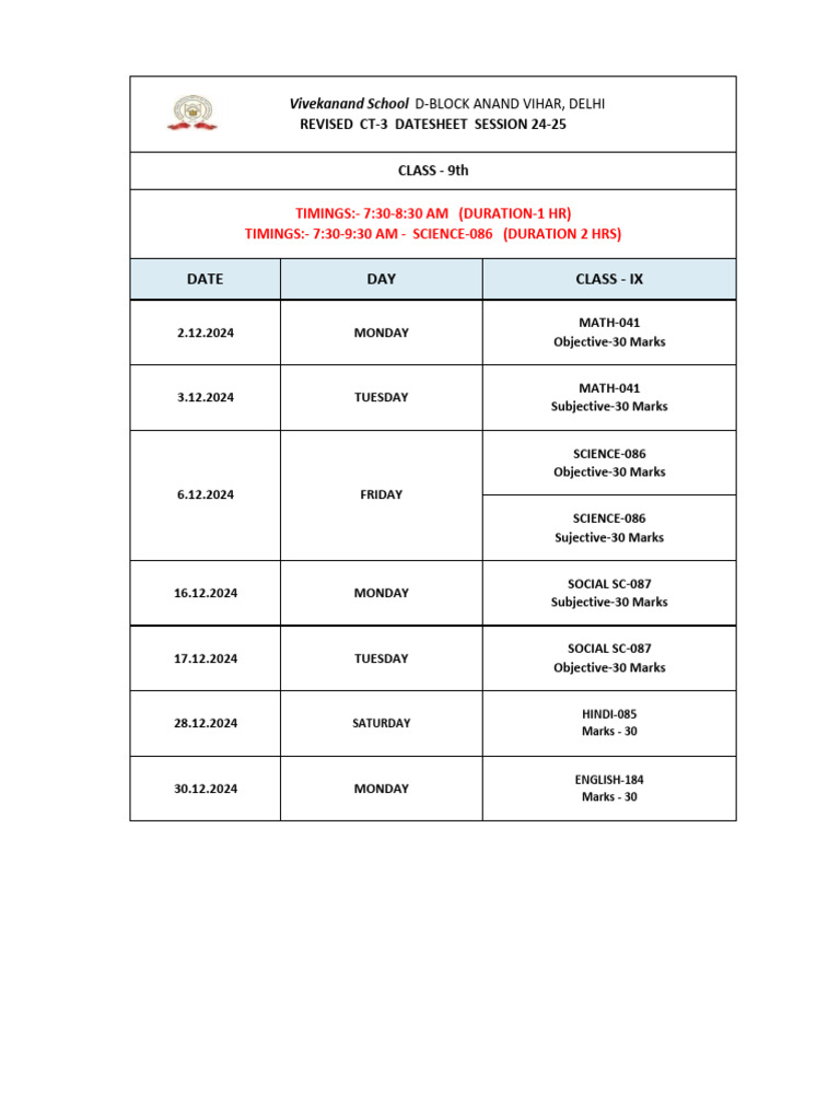29.11.24 Revised CT-3 Date Sheet Class IX 24-25 | PDF
