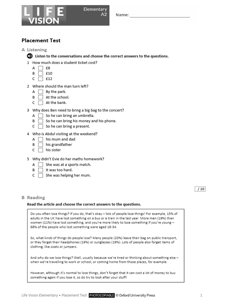 Life Vision Elementary Placement Test | PDF | Linguistics | Grammar