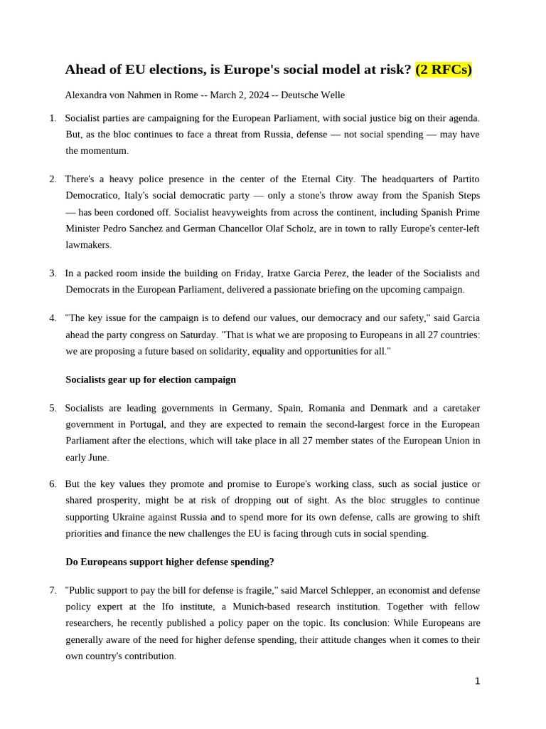 Ahead of EU Elections Is Europe - S Social Model at Risk - 2 RFCs | PDF ...
