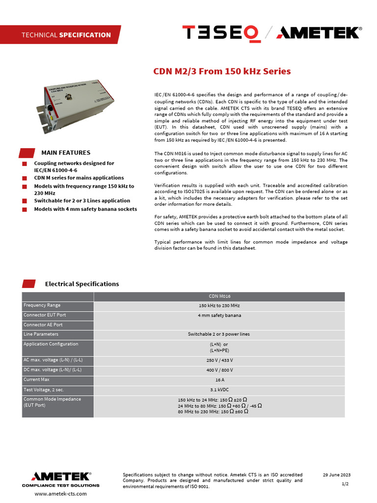 CDN M2/3 150 kHz to 230 MHz Overview | PDF | Hertz | Ac Power Plugs And ...