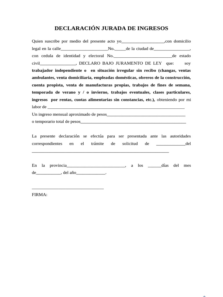 Declaración Jurada de Ingresos | PDF