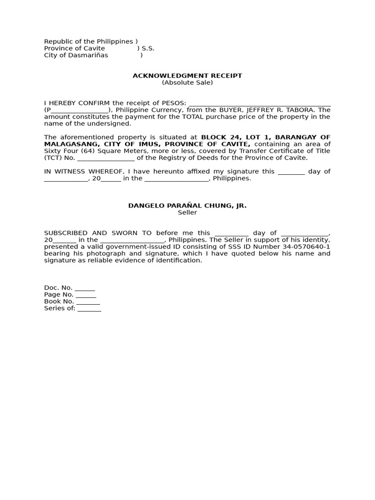 Acknowledgment Receipt of Property Sale | PDF