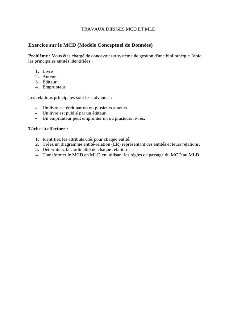 Exercices MCD et MLD pour SQL | PDF | Recherche d'information ...