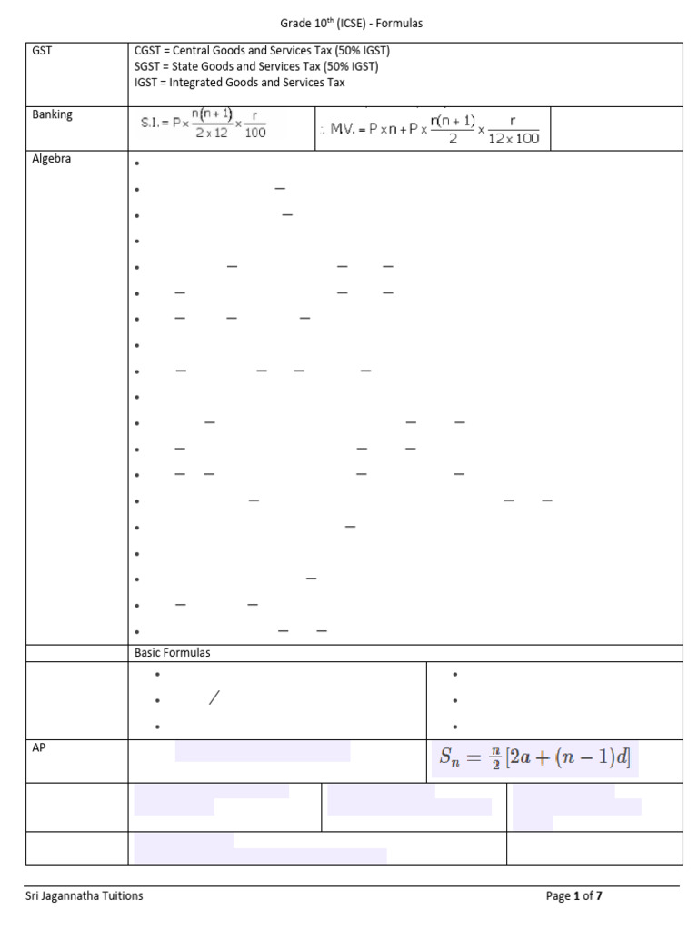 Gr10 Icse Formulas 1 Pdf Euclidean Geometry Mathematics