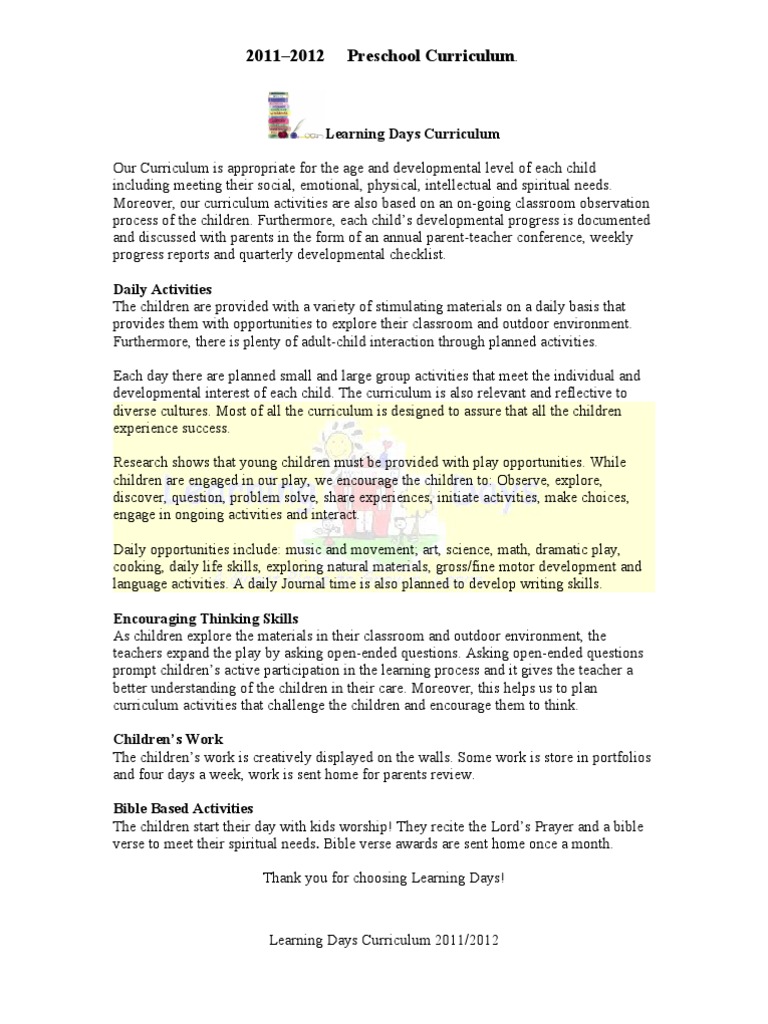 Preschool Curriculum Overview | PDF | Curriculum | Teaching And Learning