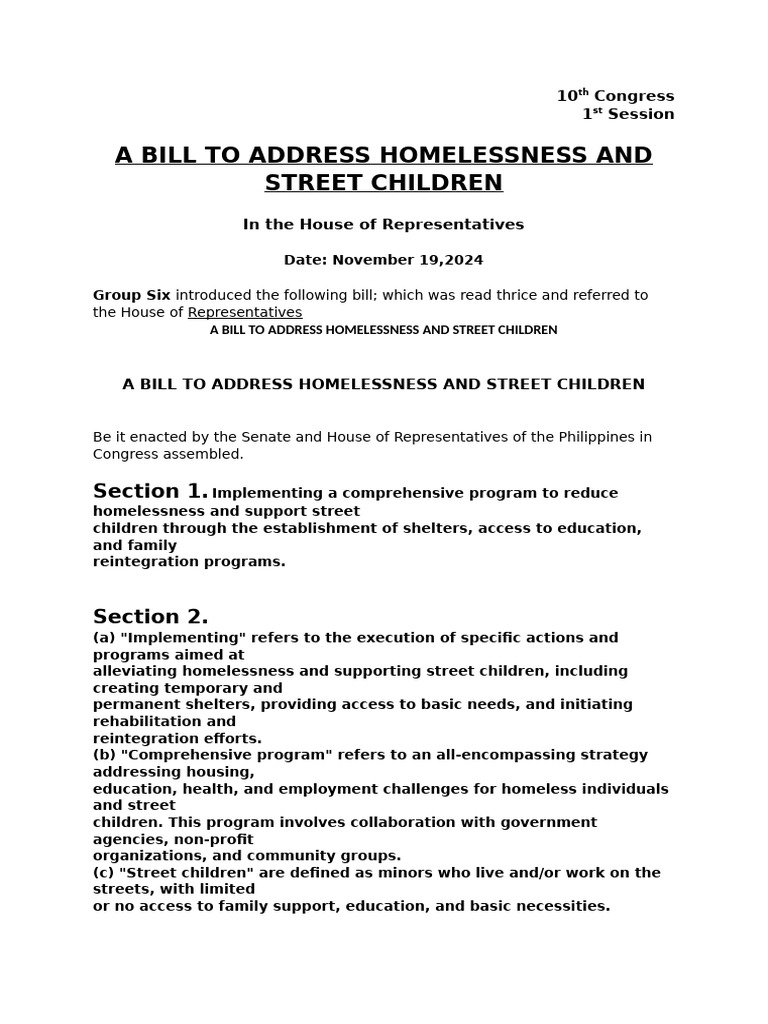 A Bill To Address Homelessness and Street Children | PDF | Homelessness ...
