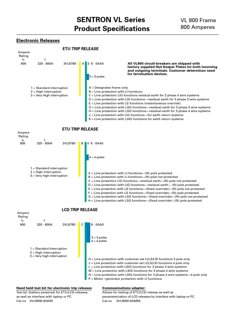 Product Specifications Sentron VL Series: Electronic Releases | PDF ...