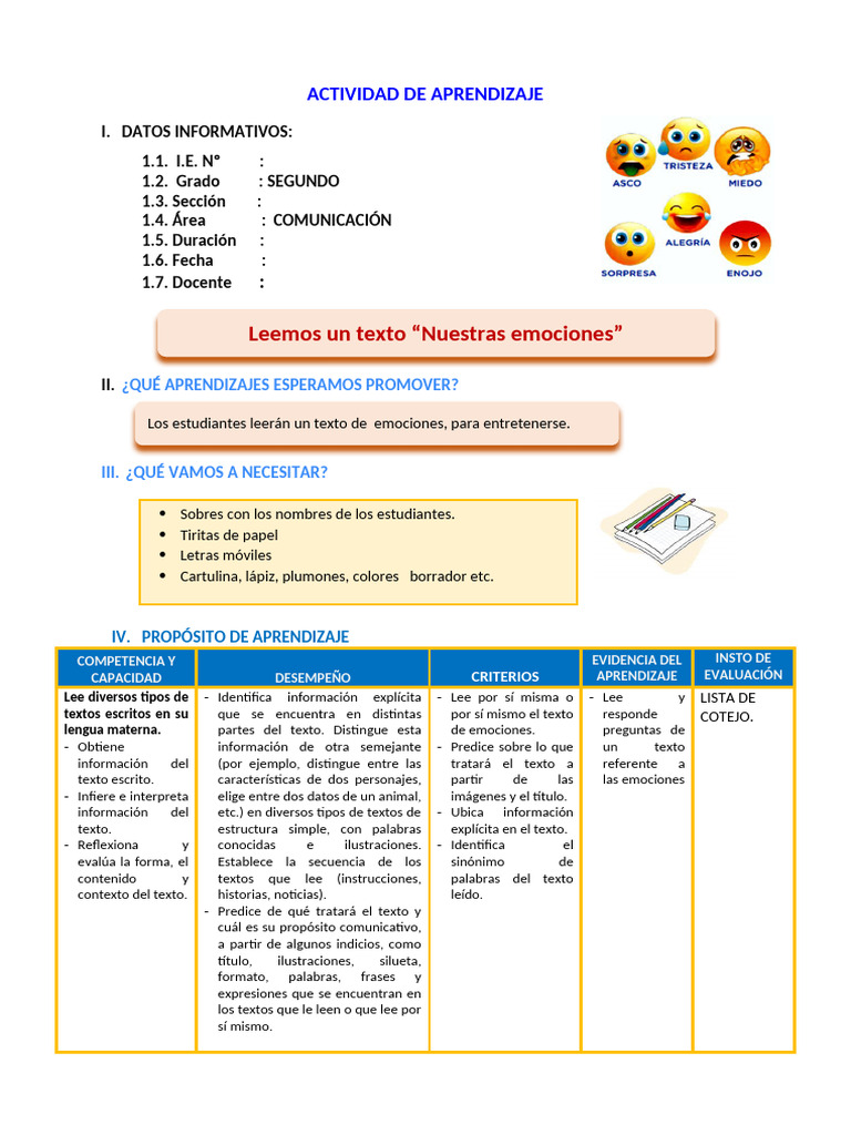 Actividad de Lectura sobre Emociones | PDF | Las emociones | Aprendizaje