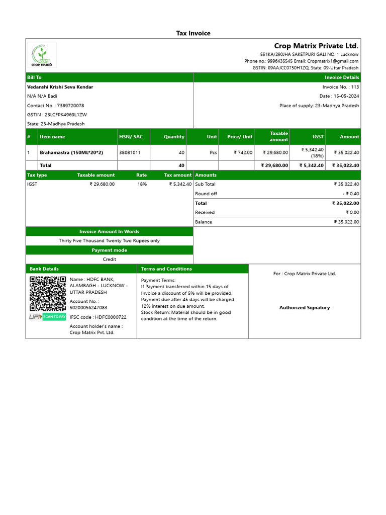 Tax Invoice - 113 - 15 - 05 - 24 Vedanshi | PDF | Invoice | Money