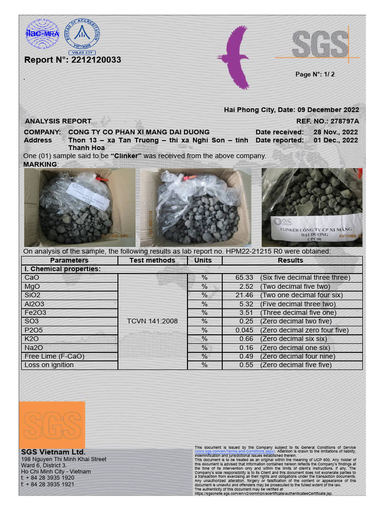 SGS Analysis Report for Clinker Sample | PDF | Vietnam
