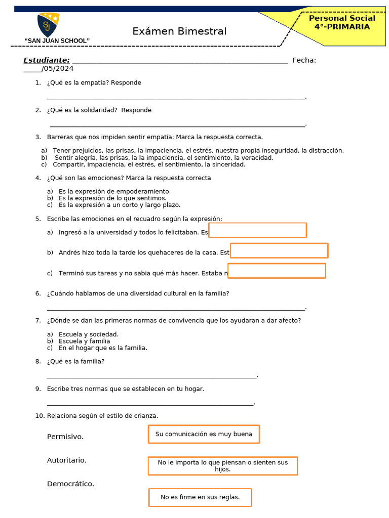 Examen Bimestral de Personal Social 4° Primaria | PDF