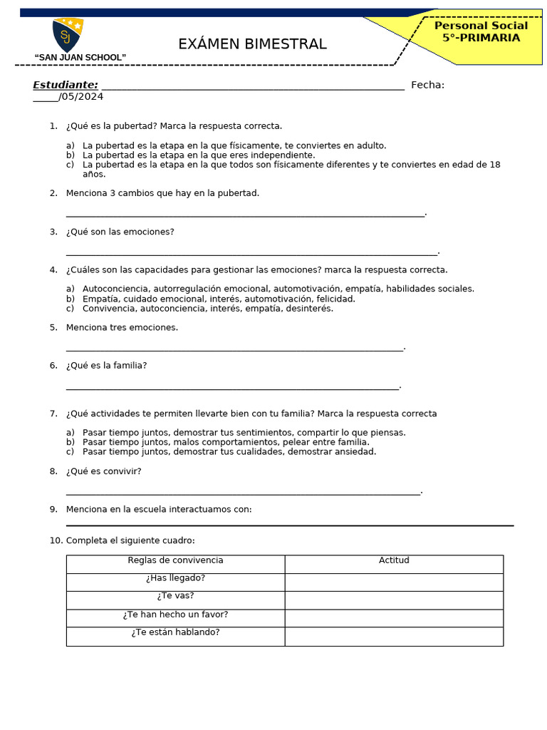 Examen Bimestral de Personal Social 5° Primaria | PDF