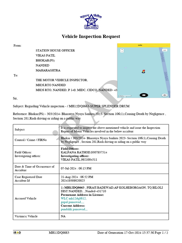Vehicle Inspection Request for MH12DQ8663 | PDF | Road Transport | Land ...