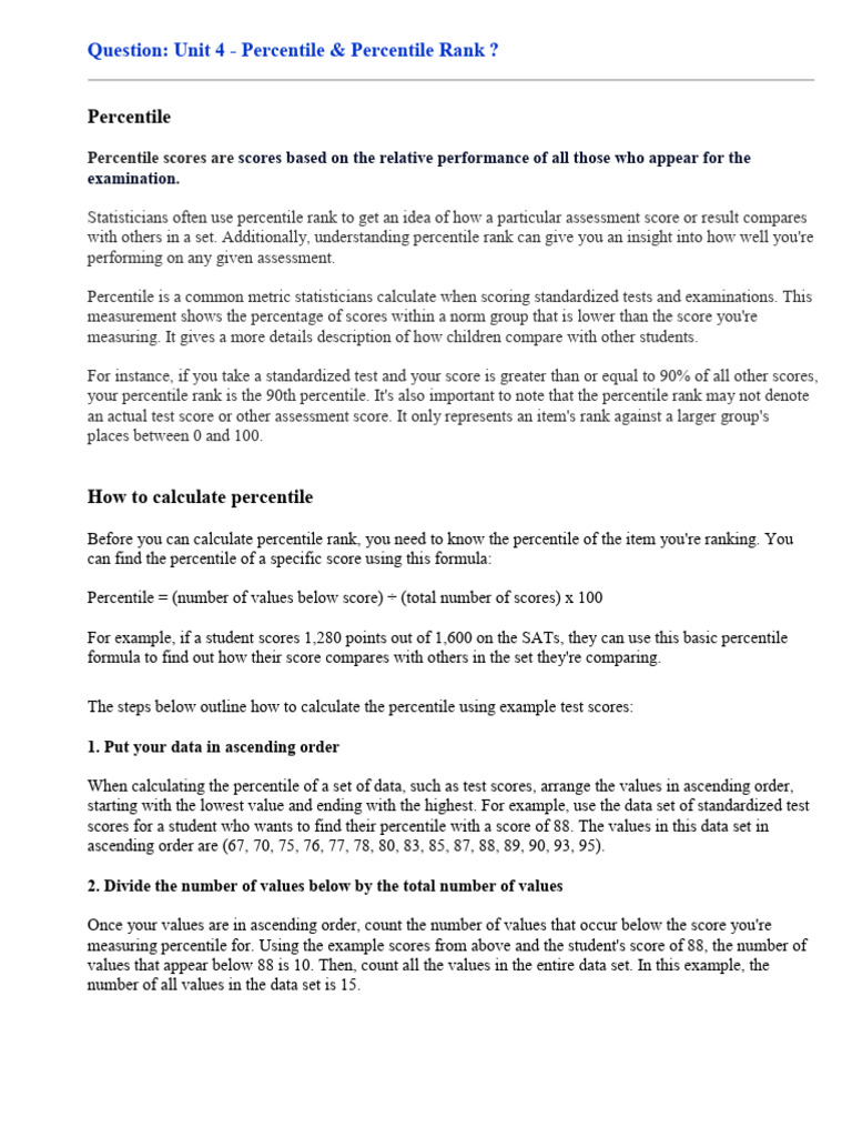 Unit 4 - Percentile & Percentile Rank | PDF | Percentile | Statistics