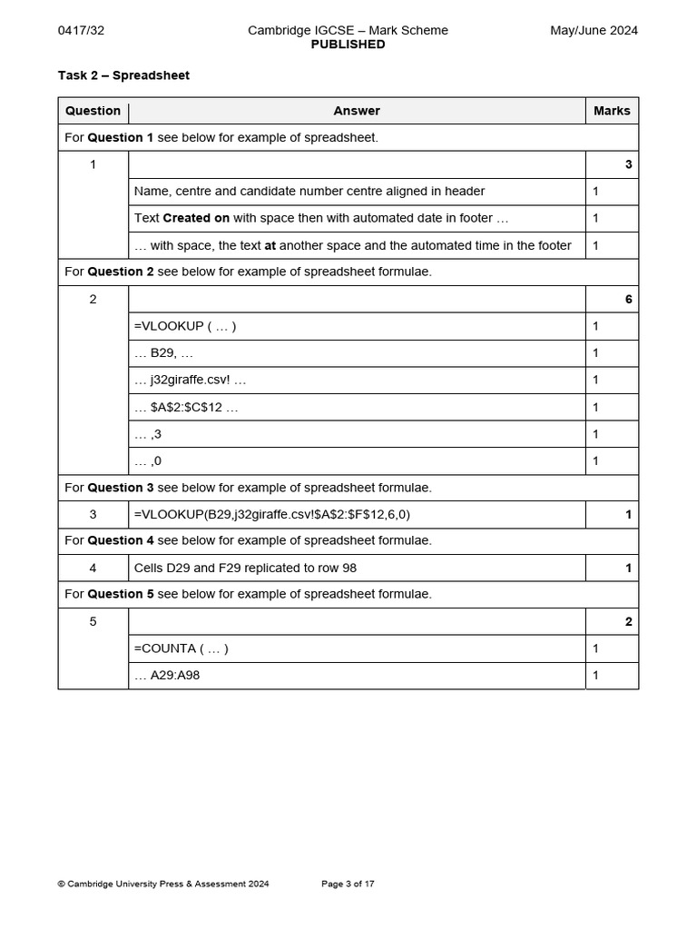 2024 Spreadsheet Tasks Mark Scheme Pdf Spreadsheet Computing