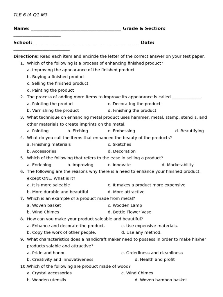 Tle 6 Ia Q1 M1 Activity Pdf Decorative Arts