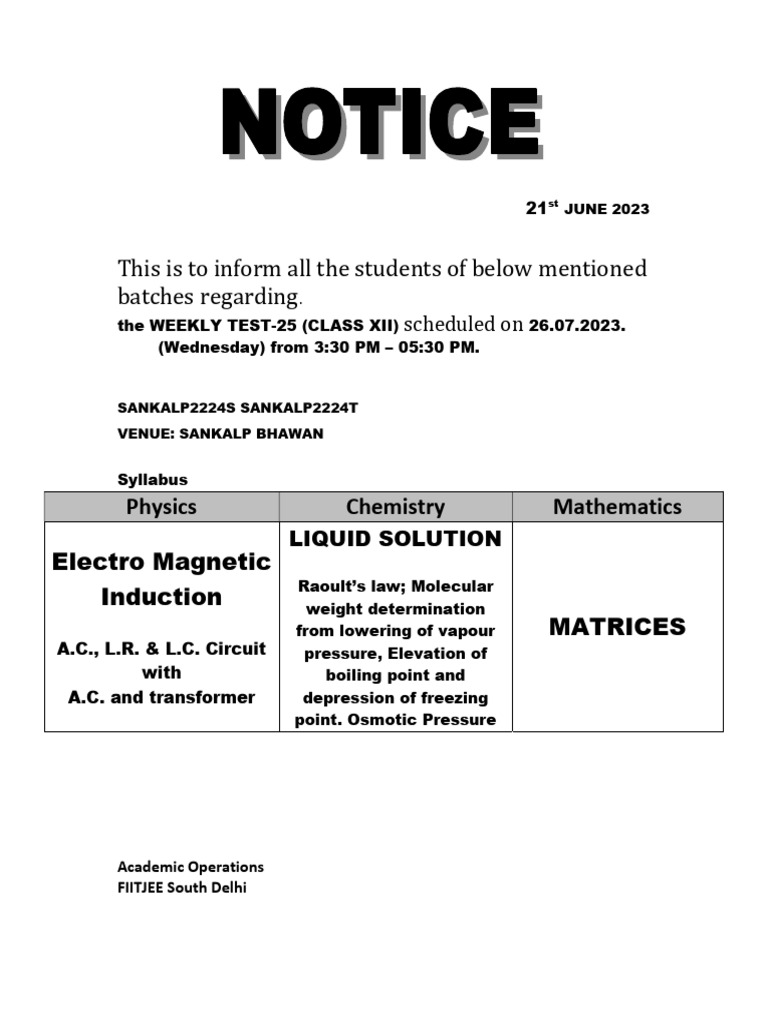 This Is To Inform All The Students of Below Mentioned Batches Regarding ...