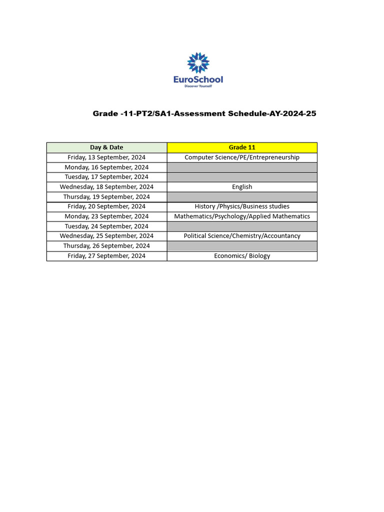 Grade - 11-PT2 (SA1) - Assessment Schedule-AY-2024-25 | PDF