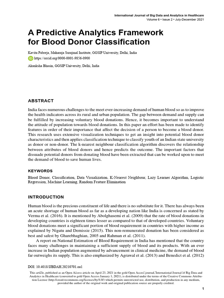 A Predictive Analytics Framework For Blood Donor Classification | PDF ...