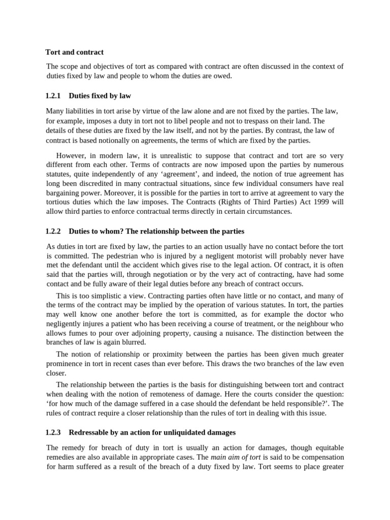 Tort And Contract Pdf Tort Damages