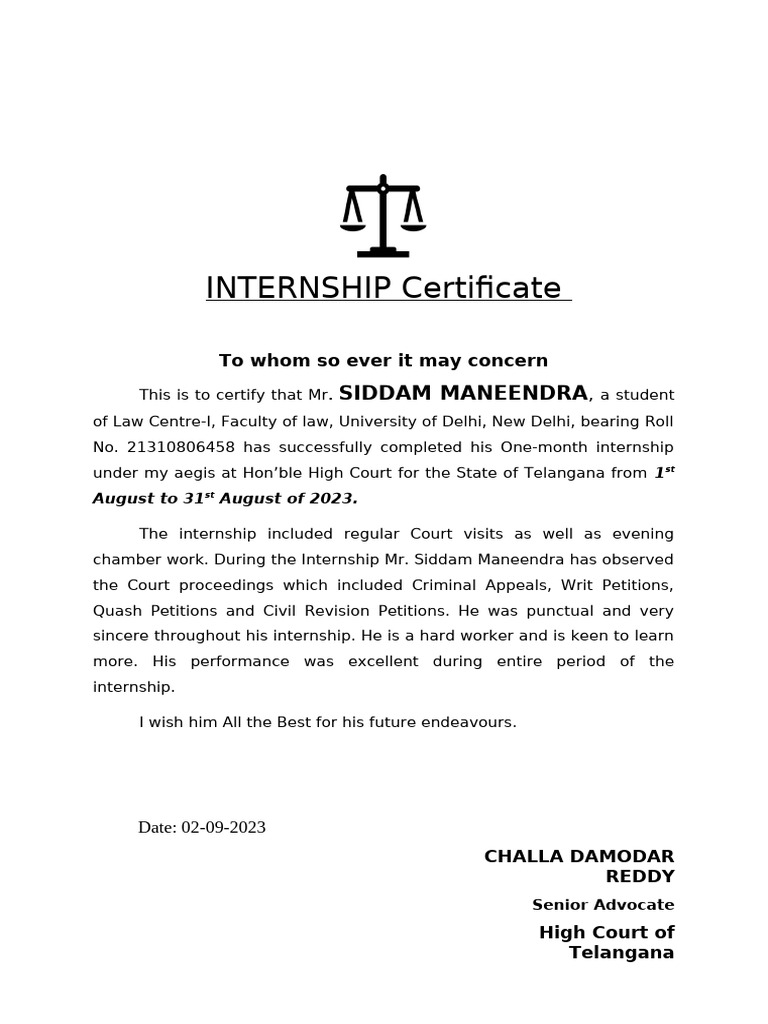Internship Certificate for Law Student | PDF
