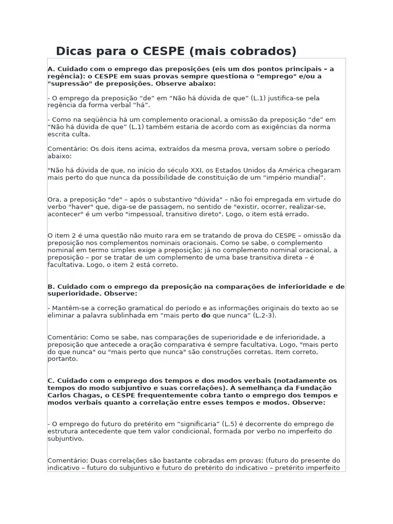 Dicas para o CESPE | PDF | Assunto (gramática) | Linguística