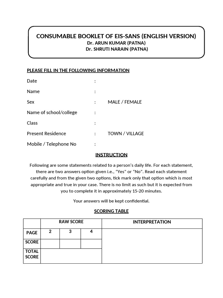 EIS-SANS Questionnaire for Emotional Insight | PDF | Psychology ...
