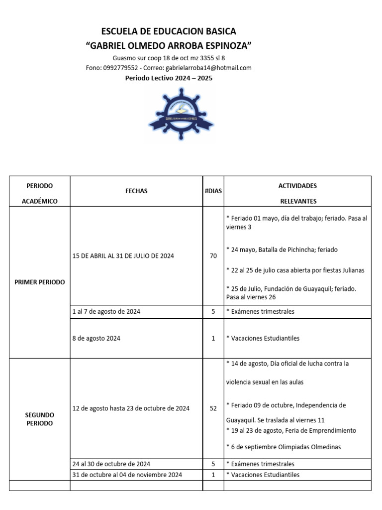 Cronograma Escolar 2024-2025 Guasmo Sur | PDF