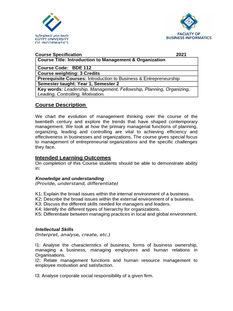 Intro. To Management and Organization Course Description | PDF ...