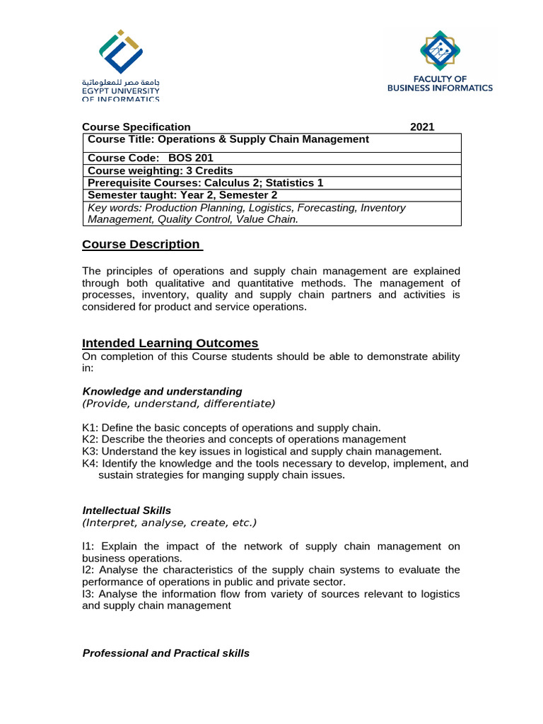 Operations & Supply Chain Management Course Description | PDF | Supply ...
