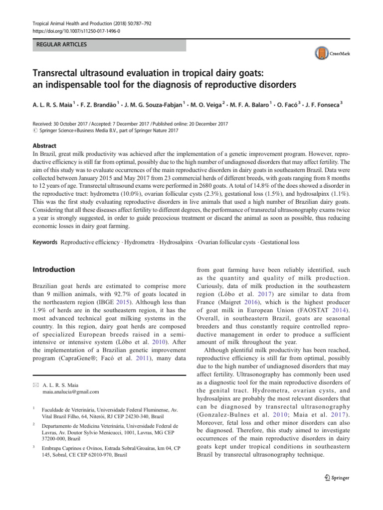 Transrectal Ultrasound Evaluation in Tropical Dairy Goats | PDF | Goat ...