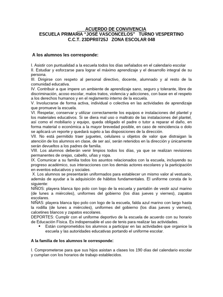 Acuerdo de Convivencia Escolar 2024 | PDF | Escuelas | Educación primaria