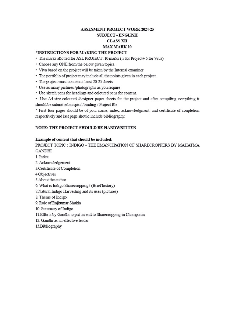 English Project Guidelines Class XII 2024-25 | PDF