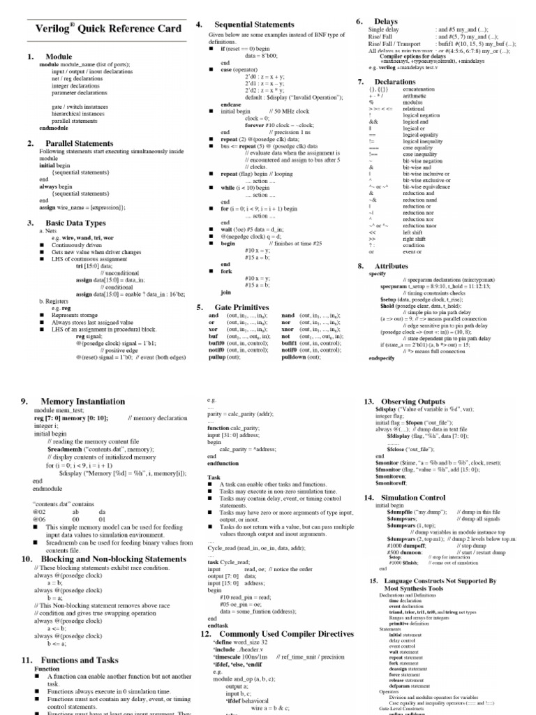 Verilog Quick Reference Card v2_0 | PDF