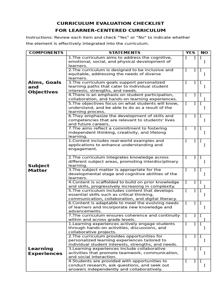 CURRICULUM EVALUATION CHECKLIST PDF intelligence overview