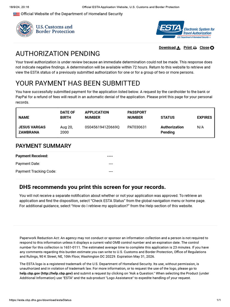 ESTA Application Status: Authorization Pending | PDF