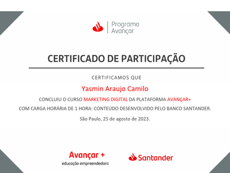 Certificado Programa AvanÃ§ar+ - Yasmin Araujo Camilo - MARKETING ...