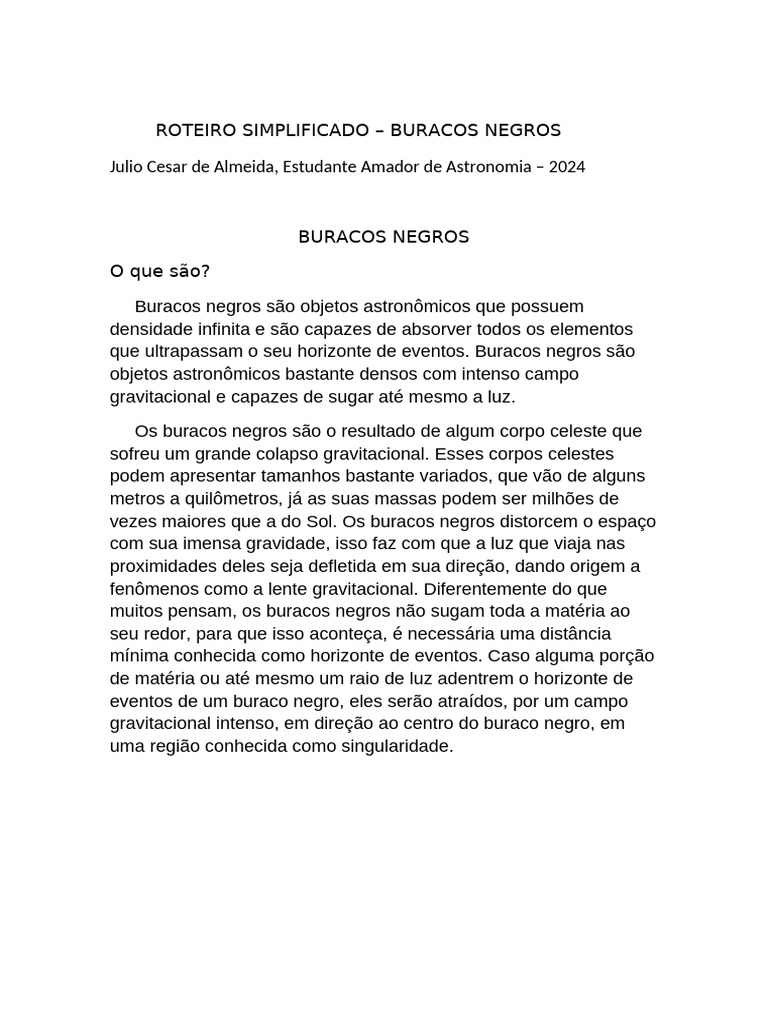 Roteiro Simplificado Pdf Buraco Negro Estrelas