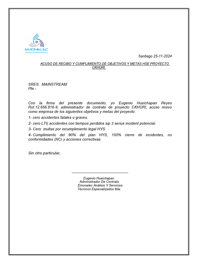 Acuso de Recibo de Metas HSE CKHÚRI | PDF