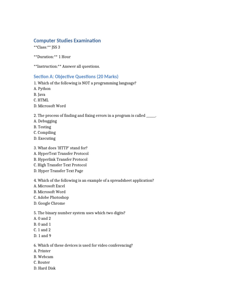 JSS 3 Computer Studies Exam Guide | PDF | Information Technology ...