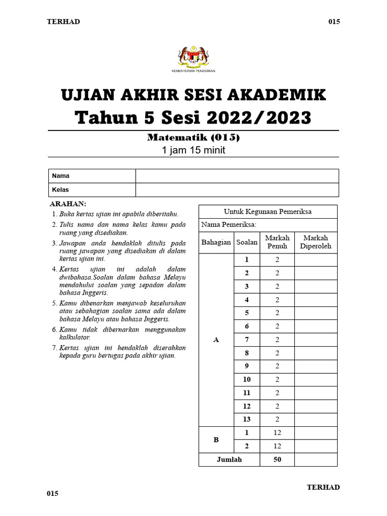 Kertas Soalan Math THN 5 - Uasa 2022 | PDF
