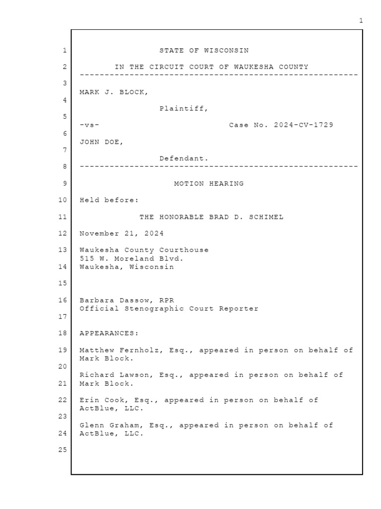 Waukesha County Motion Hearing Transcript | PDF | Lawsuit | Complaint